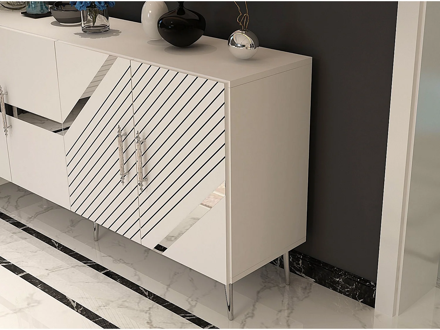 Komoda – 150 cm x 75 cm x 35 cm – Biało-srebrna – Melamina