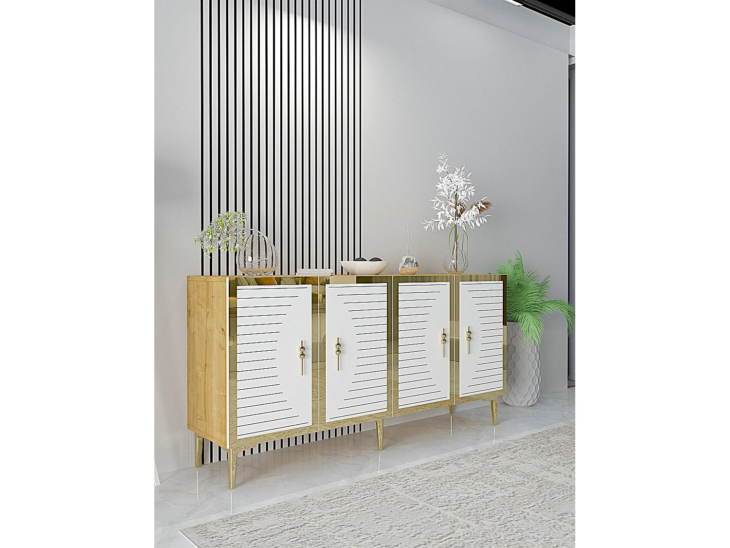 Komoda – 150 cm x 75 cm x 32 cm – szafir, biel, złoto – płyta MDF