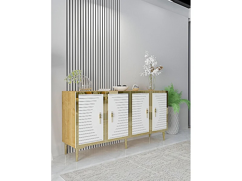 Komoda – 150 cm x 75 cm x 32 cm – szafir, biel, złoto – płyta MDF