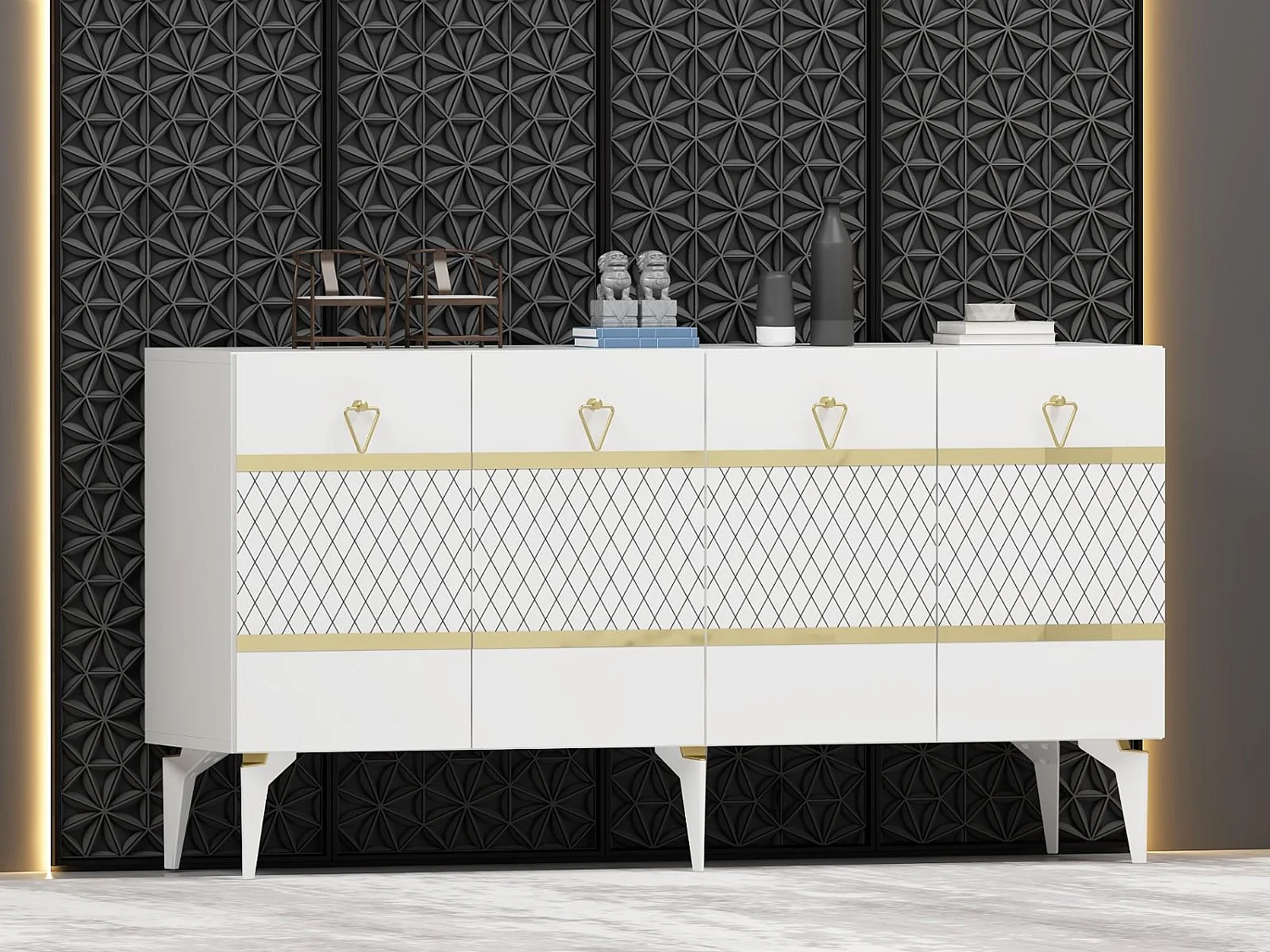 Buffet – 150 cm x 79 cm x 40 cm – Blanc et Or – Aggloméré