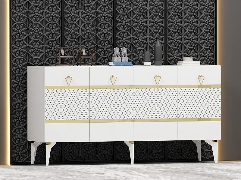 Buffet – 150 cm x 79 cm x 40 cm – Blanc et Or – Aggloméré
