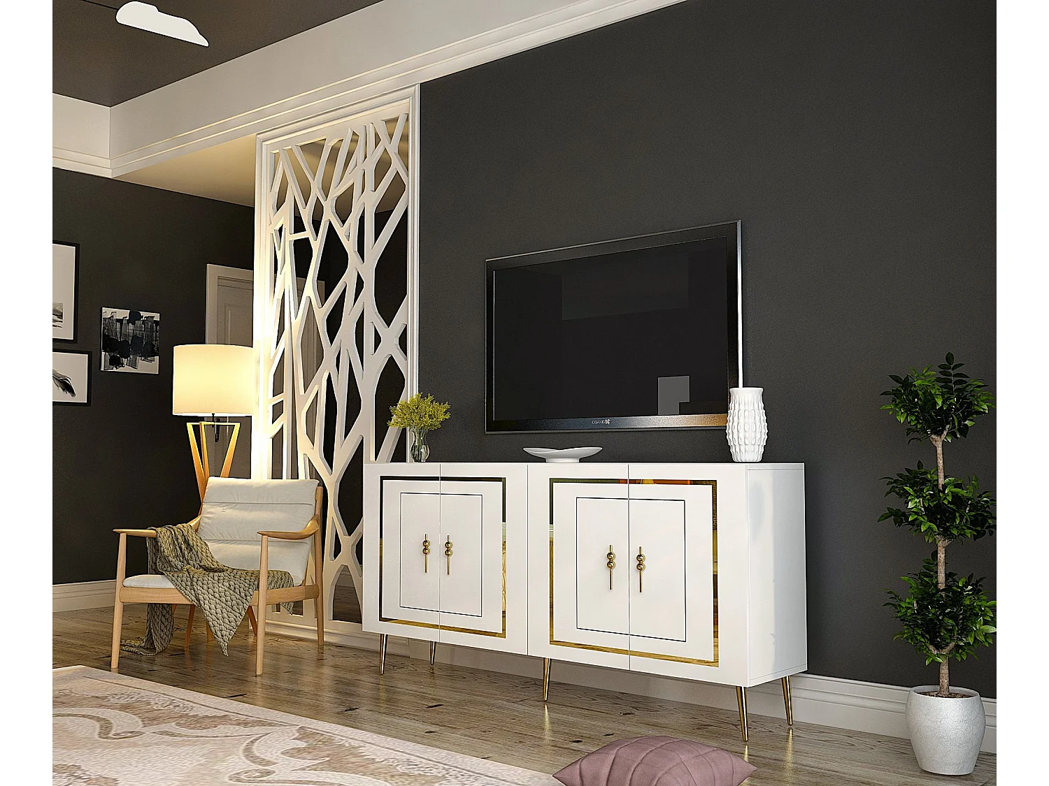 Credenza – 150 cm – Bianco e Oro – MDF