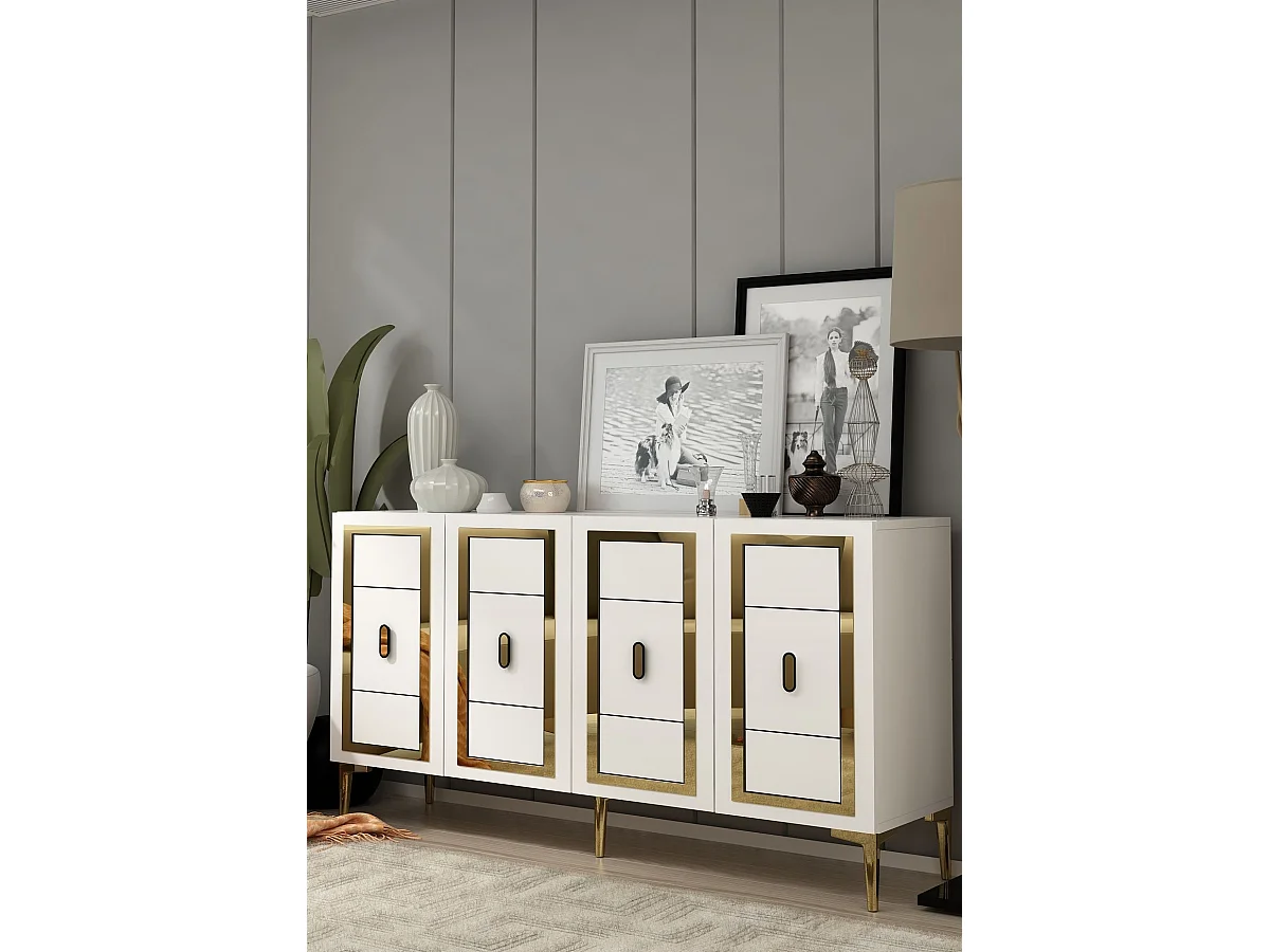 Credenza in MDF – 150 cm x 75 cm x 35 cm – Bianco e Oro