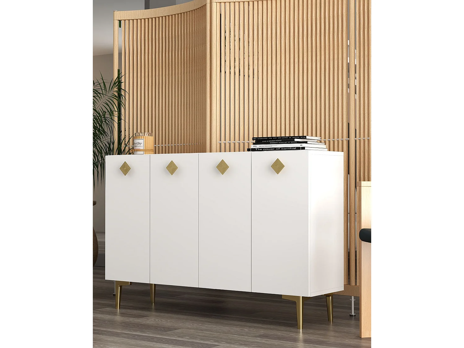 Credenza – 120 cm x 80 cm – Bianco e oro – Pannello di particelle