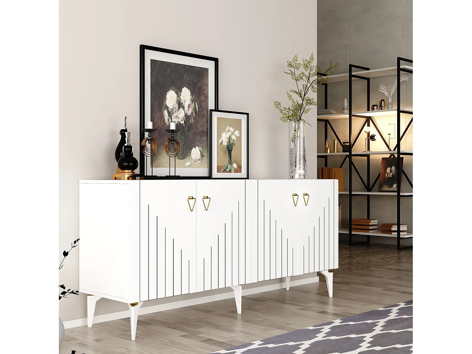 Buffet en aggloméré mélaminé – 150 cm x 79 cm x 40 cm – Blanc et Or