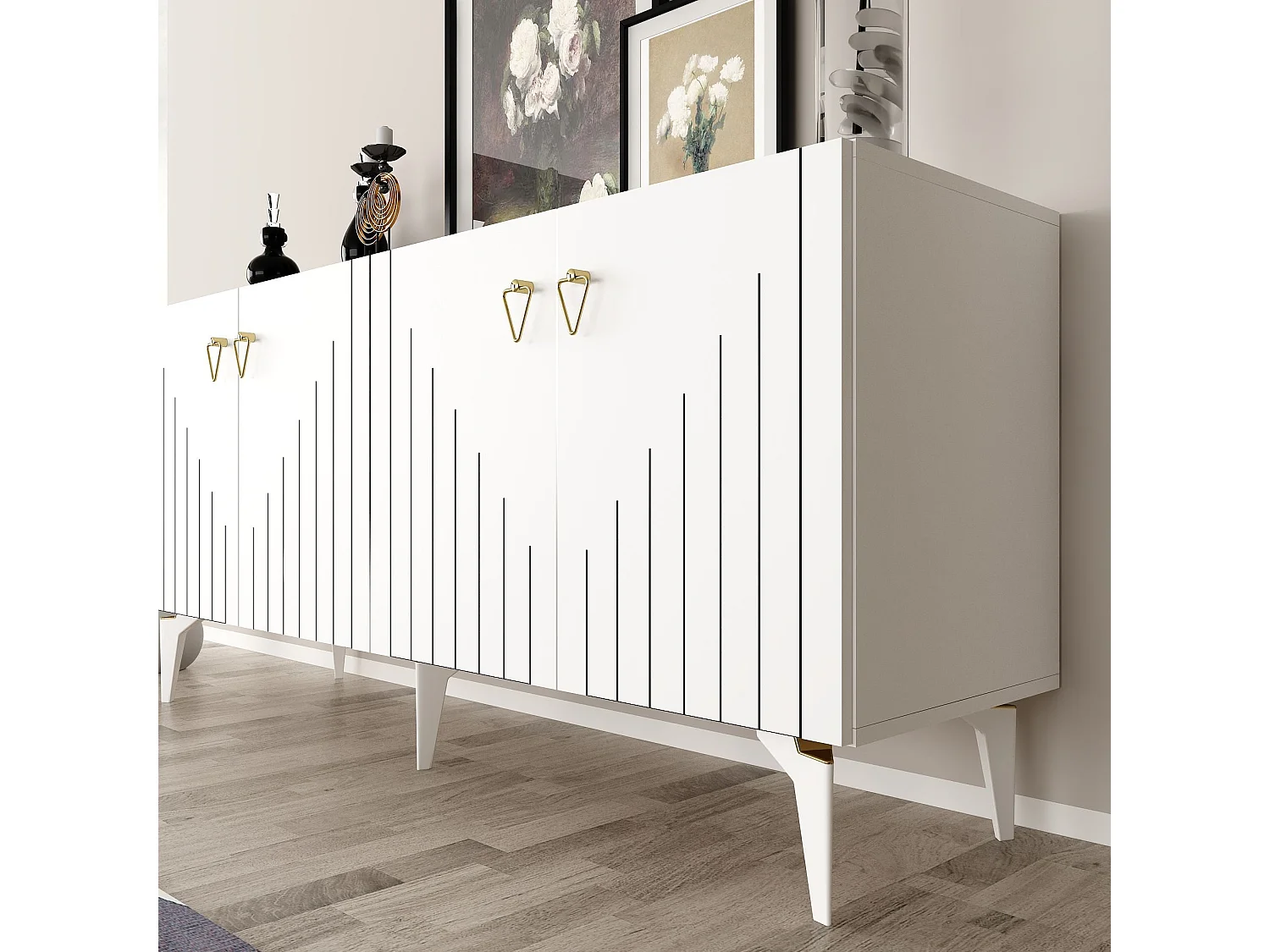 Buffet en aggloméré mélaminé – 150 cm x 79 cm x 40 cm – Blanc et Or