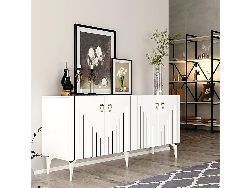 Buffet en aggloméré mélaminé – 150 cm x 79 cm x 40 cm – Blanc et Or