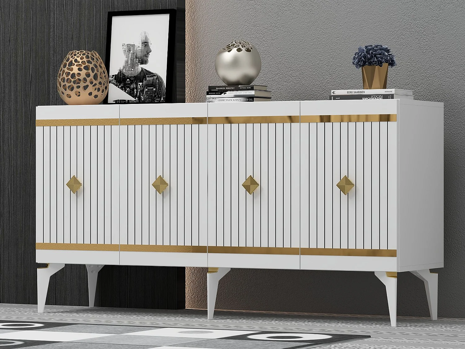 Sideboard – 150 cm x 79 cm x 40 cm – Weiß und Gold – Spanplatte