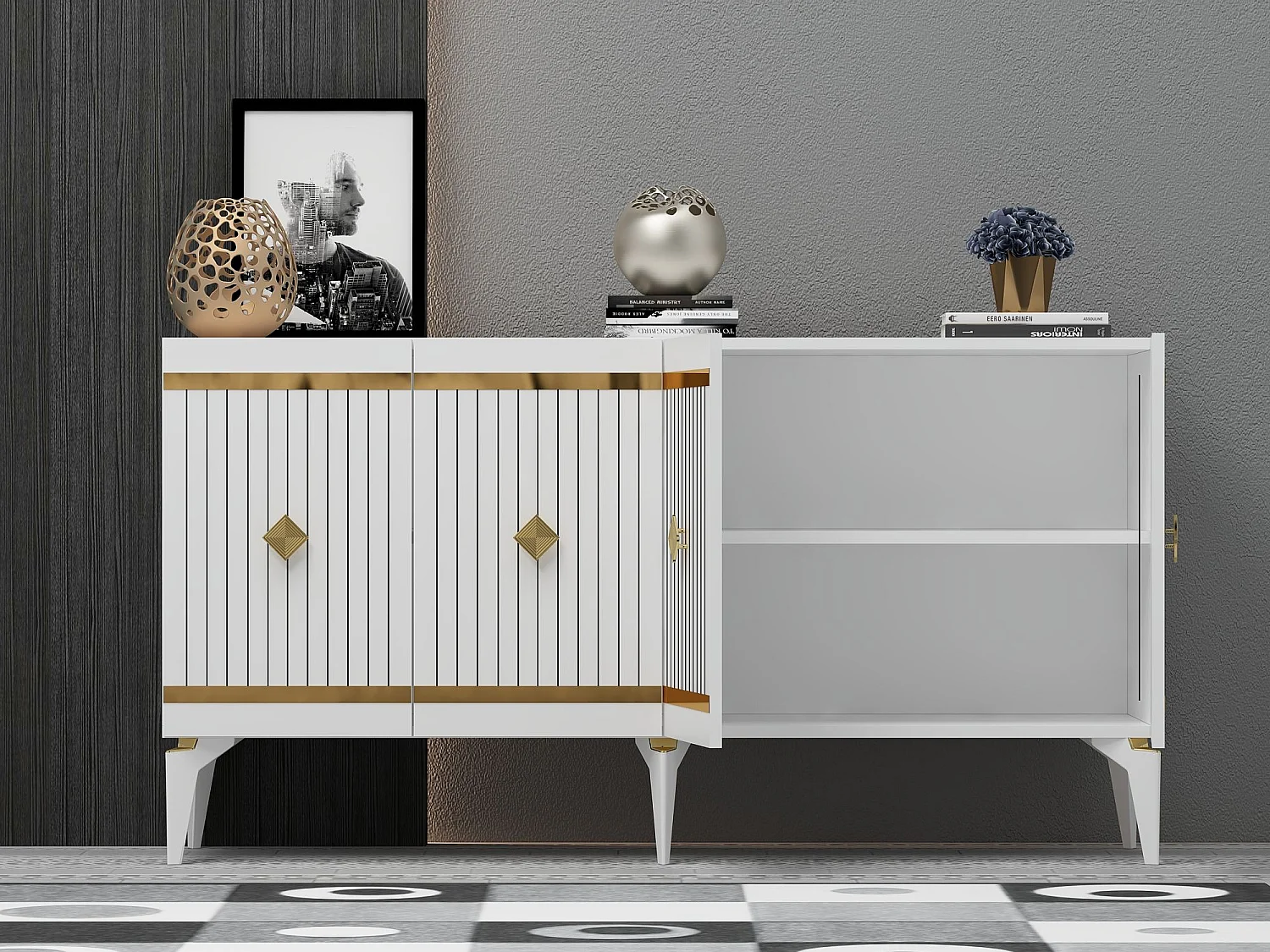 Sideboard – 150 cm x 79 cm x 40 cm – Weiß und Gold – Spanplatte