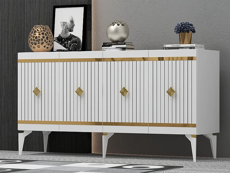 Buffet – 150 cm x 79 cm x 40 cm – Blanc et Or – Aggloméré