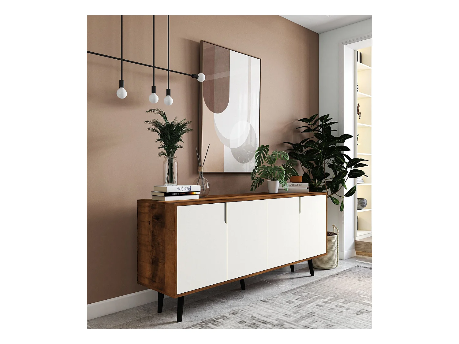 Buffet – 180 cm – Noyer et Blanc – Aggloméré et Bois