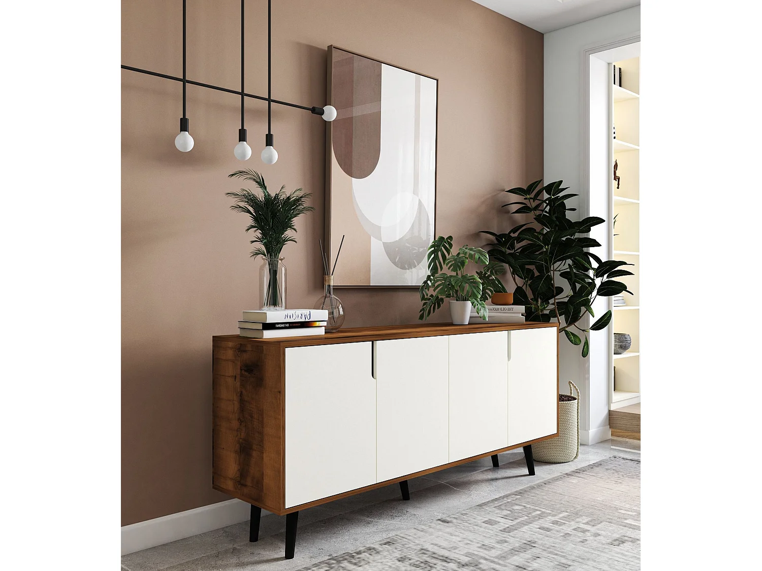 Sideboard – 180 cm – Walnuss und Weiß – Spanplatte und Holz