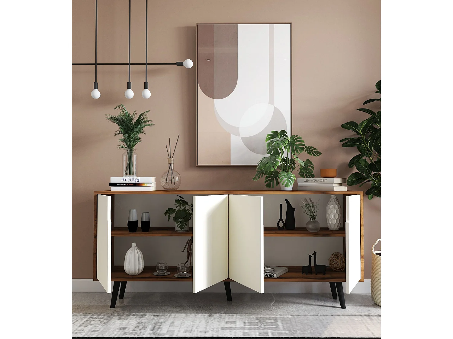 Sideboard – 180 cm – Walnuss und Weiß – Spanplatte und Holz