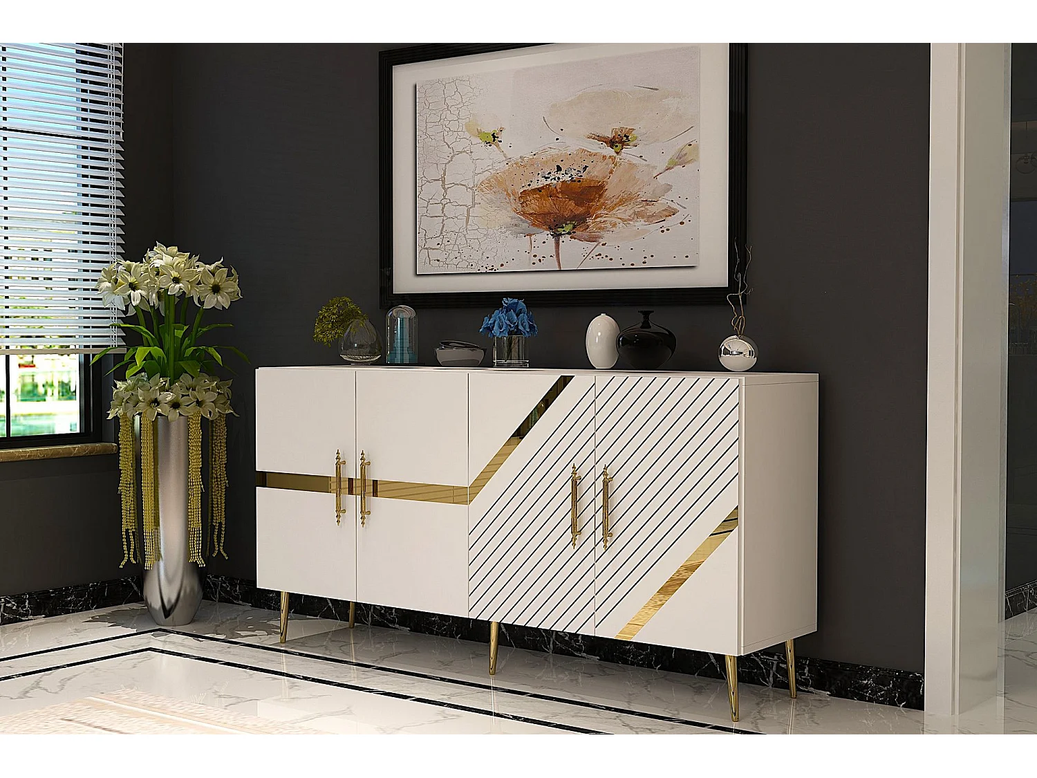 Sideboard – 150 cm – Weiß und Gold – Melaminbeschichtete Spanplatte