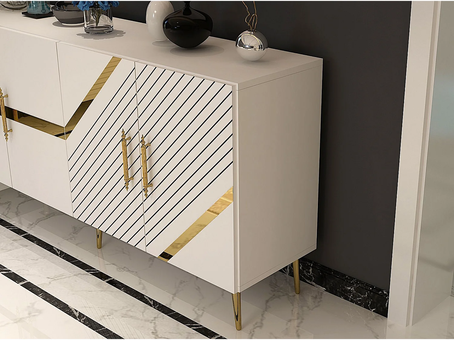 Sideboard – 150 cm – Weiß und Gold – Melaminbeschichtete Spanplatte