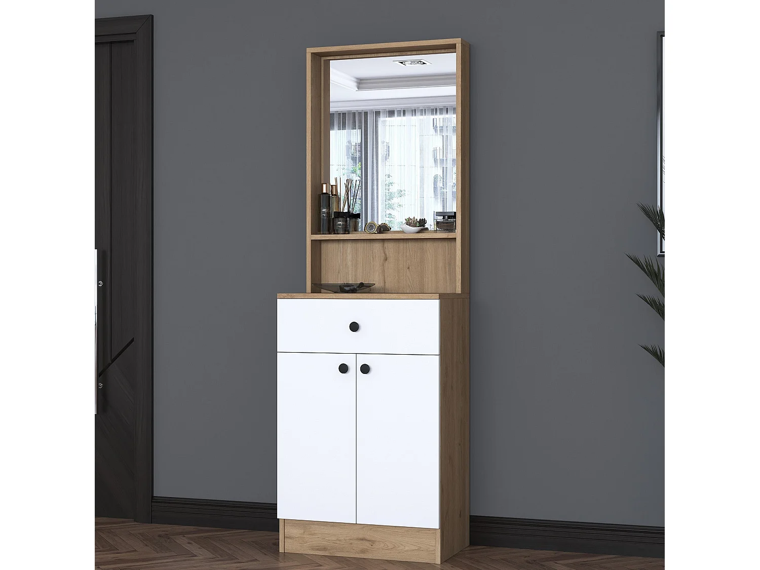 Buffet d'entrée – 60 x 182,8 x 35,5 cm – Noyer et blanc – Aggloméré E1