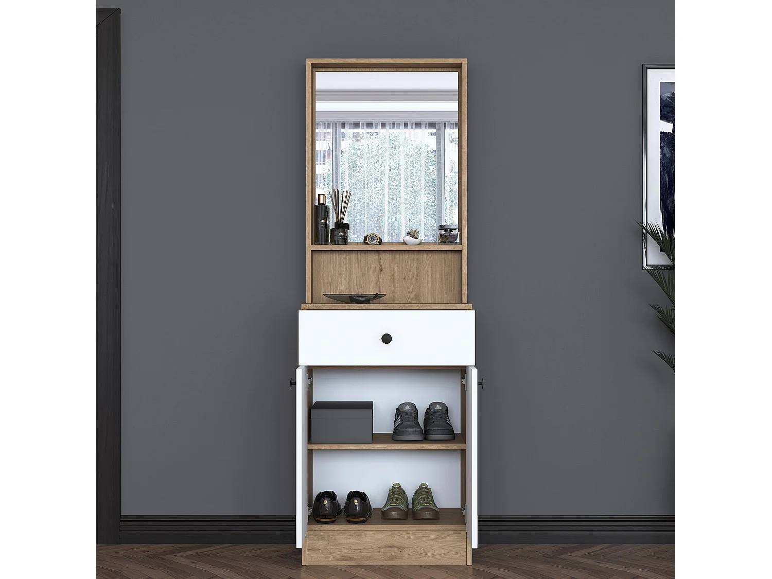 Buffet d'entrée – 60 x 182,8 x 35,5 cm – Noyer et blanc – Aggloméré E1