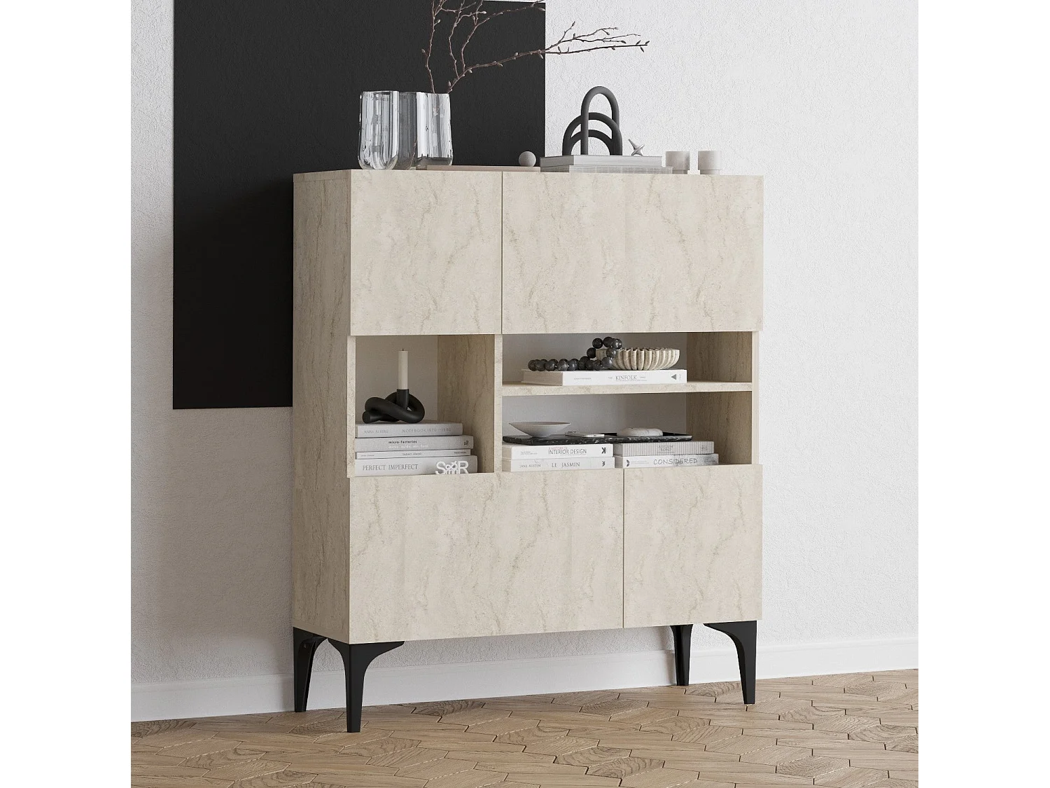 Buffet – 100 cm x 35 cm x 125 cm – Couleur Travertin – Panneau de particules 100 % mélaminé