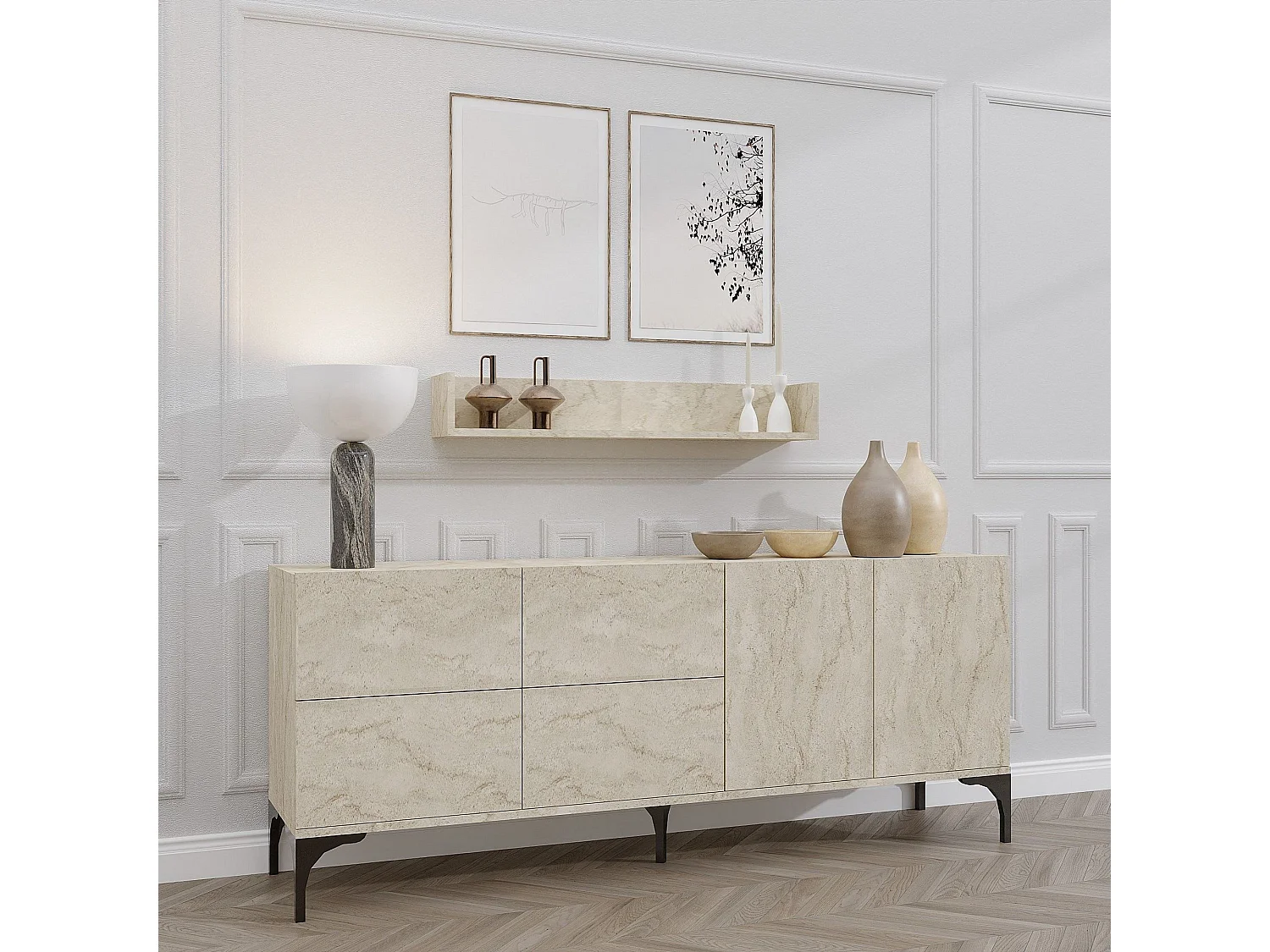 Buffet avec étagère murale – 180 x 55 x 40 cm – Travertin – Revêtement mélaminé