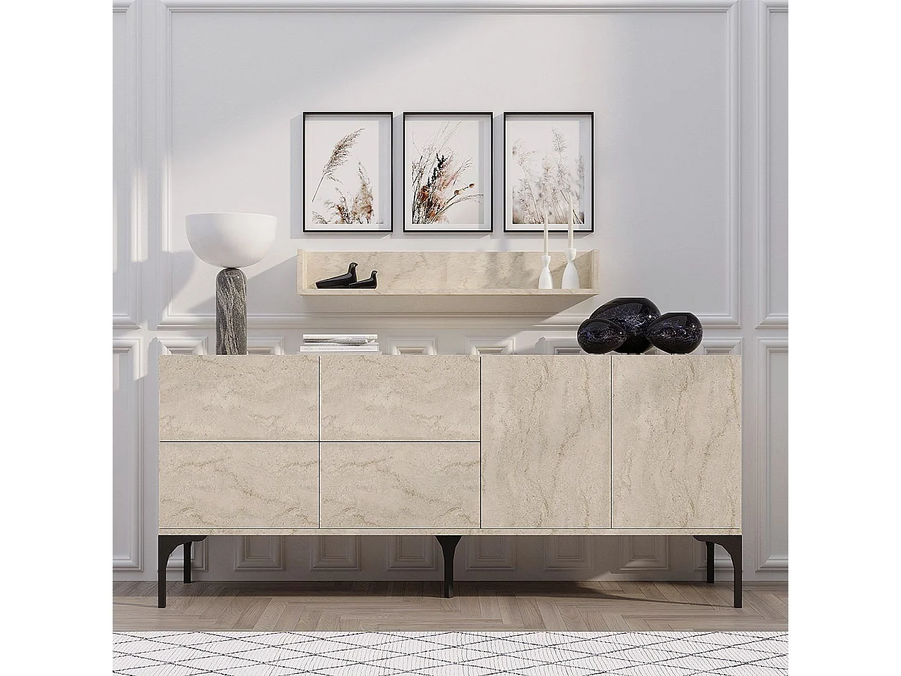 Buffet avec étagère murale – 180 x 55 x 40 cm – Travertin – Revêtement mélaminé