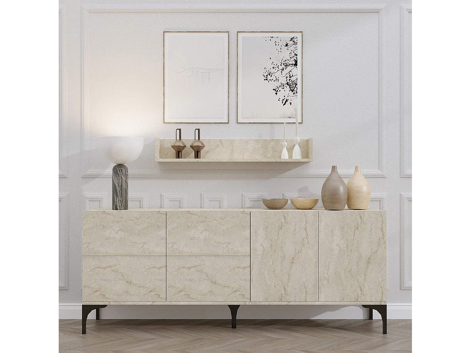 Skänk med vägghylla – 180 x 55 x 40 cm – Travertin – Melaminbelagd