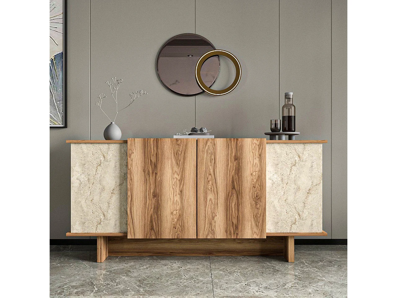 Sideboard – 180 cm x 81 cm x 40 cm – Travertin und Walnuss – Spanplatte