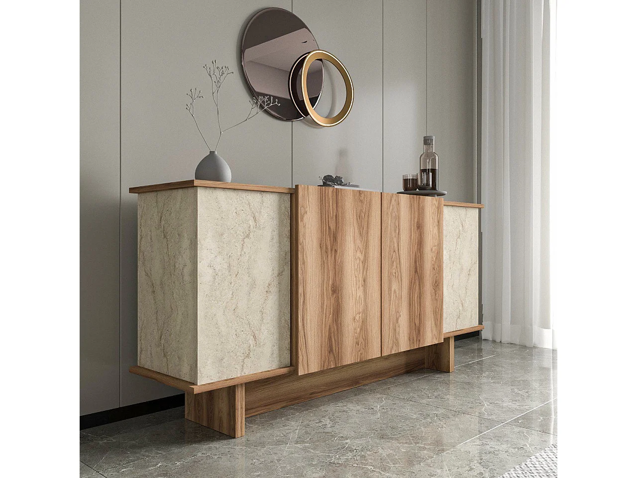 Sideboard – 180 cm x 81 cm x 40 cm – Travertin und Walnuss – Spanplatte