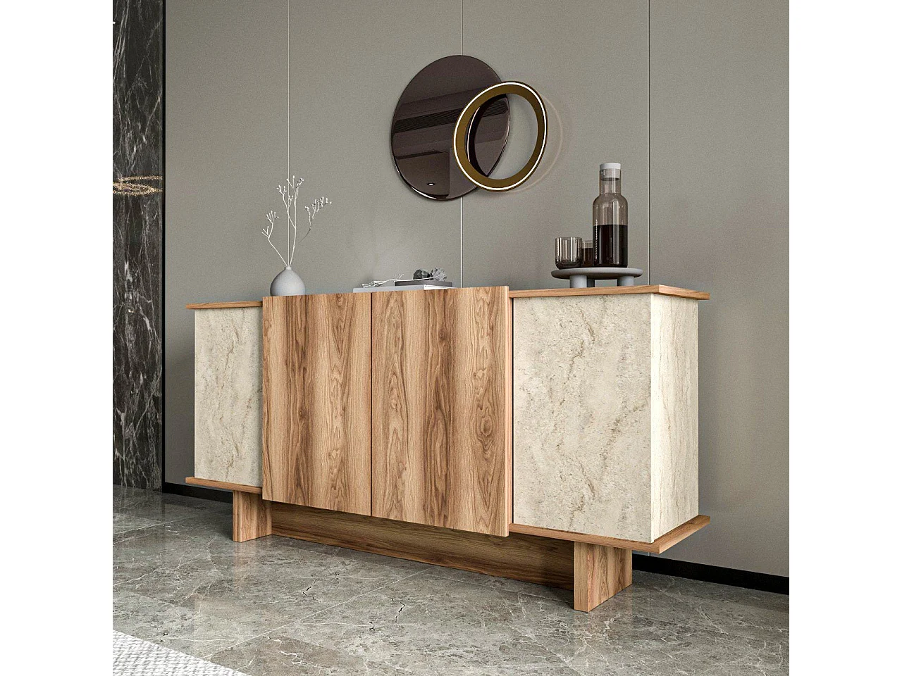 Sideboard – 180 cm x 81 cm x 40 cm – Travertin und Walnuss – Spanplatte