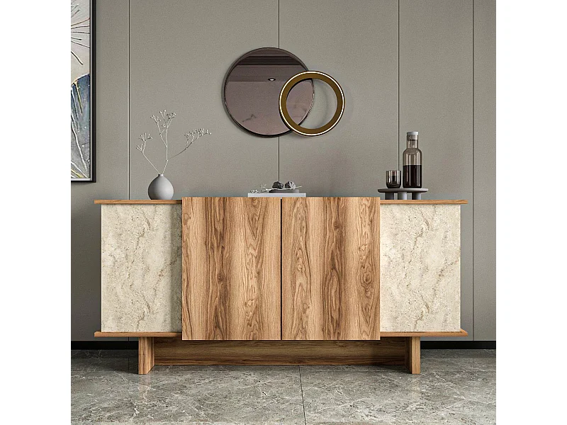 Buffet – 180 cm x 81 cm x 40 cm – Travertin et noyer – Aggloméré