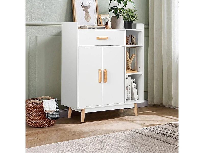 Buffet avec 1 tiroir, 2 portes, 3 étagères et 4 pieds en bois d'hévéa pour salle de bain, maison et bureau, blanc, 80 x 30 x 95 cm