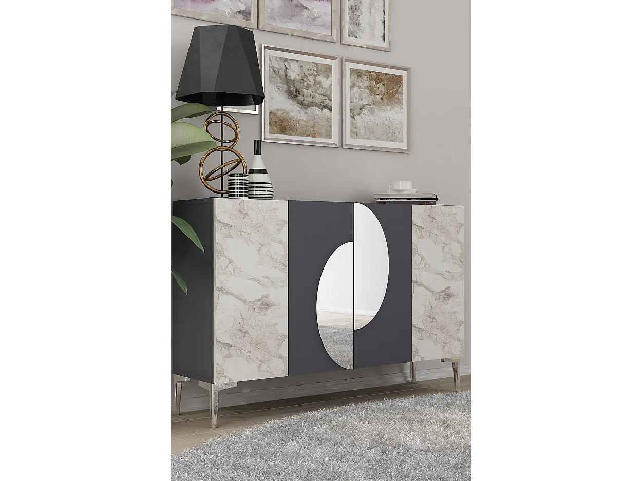 Komoda z płyty MDF pokrytej melaminą – 120 cm x 75 cm x 29,6 cm – antracyt, marmur Efez, srebro
