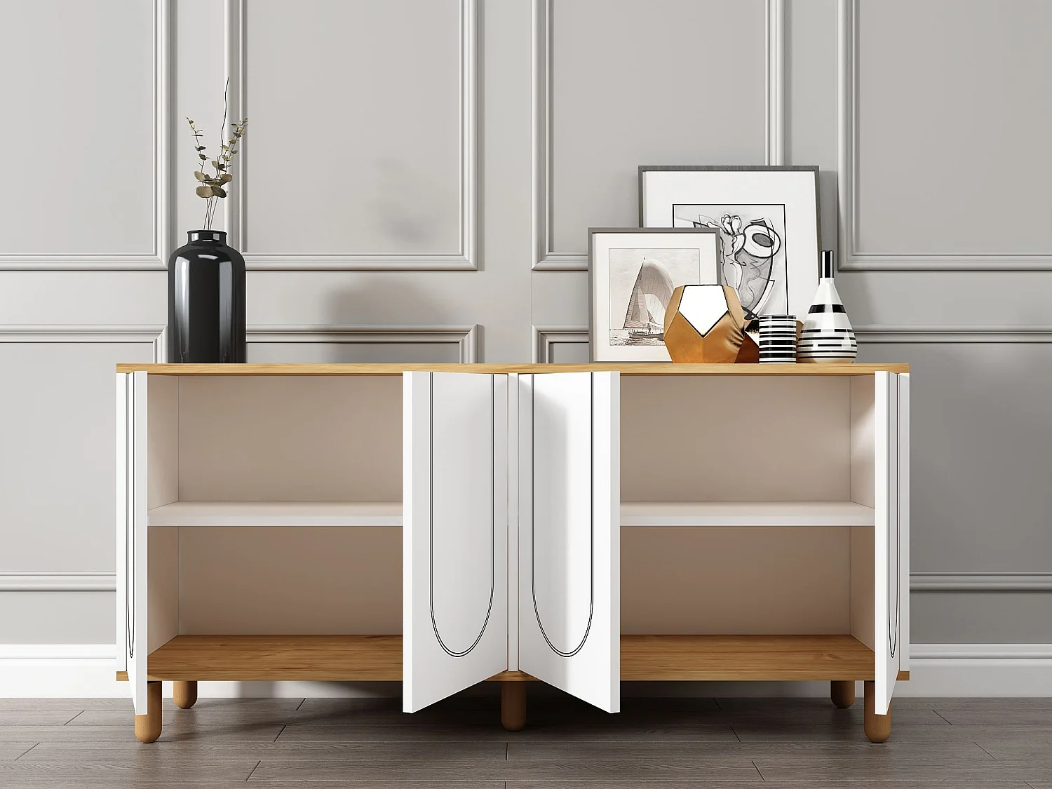 Credenza in truciolare nobilitato – 150 cm x 73 cm x 36 cm – Rovere Zaffiro e Bianco
