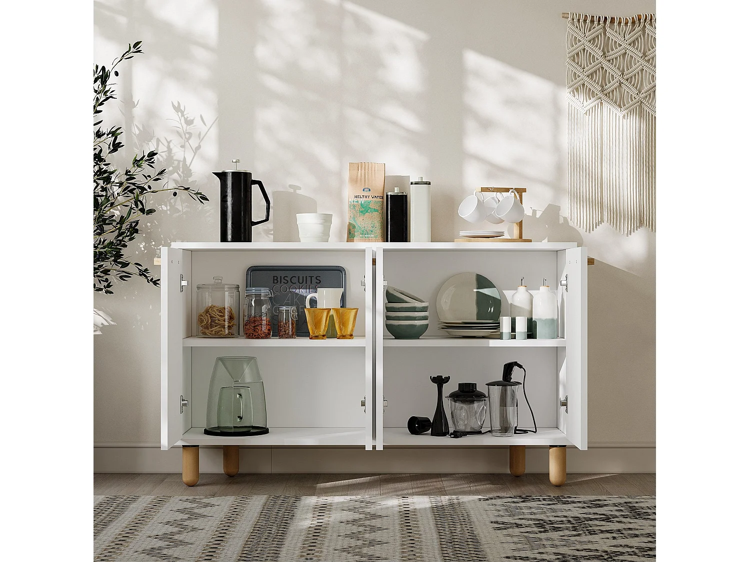 Buffet en panneaux de particules mélaminés – 120 cm x 73,6 cm x 29,6 cm – Blanc