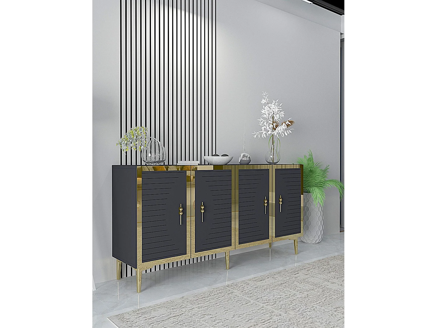 Komoda – 150 cm x 75 cm x 32 cm – Antracyt i złoto – MDF