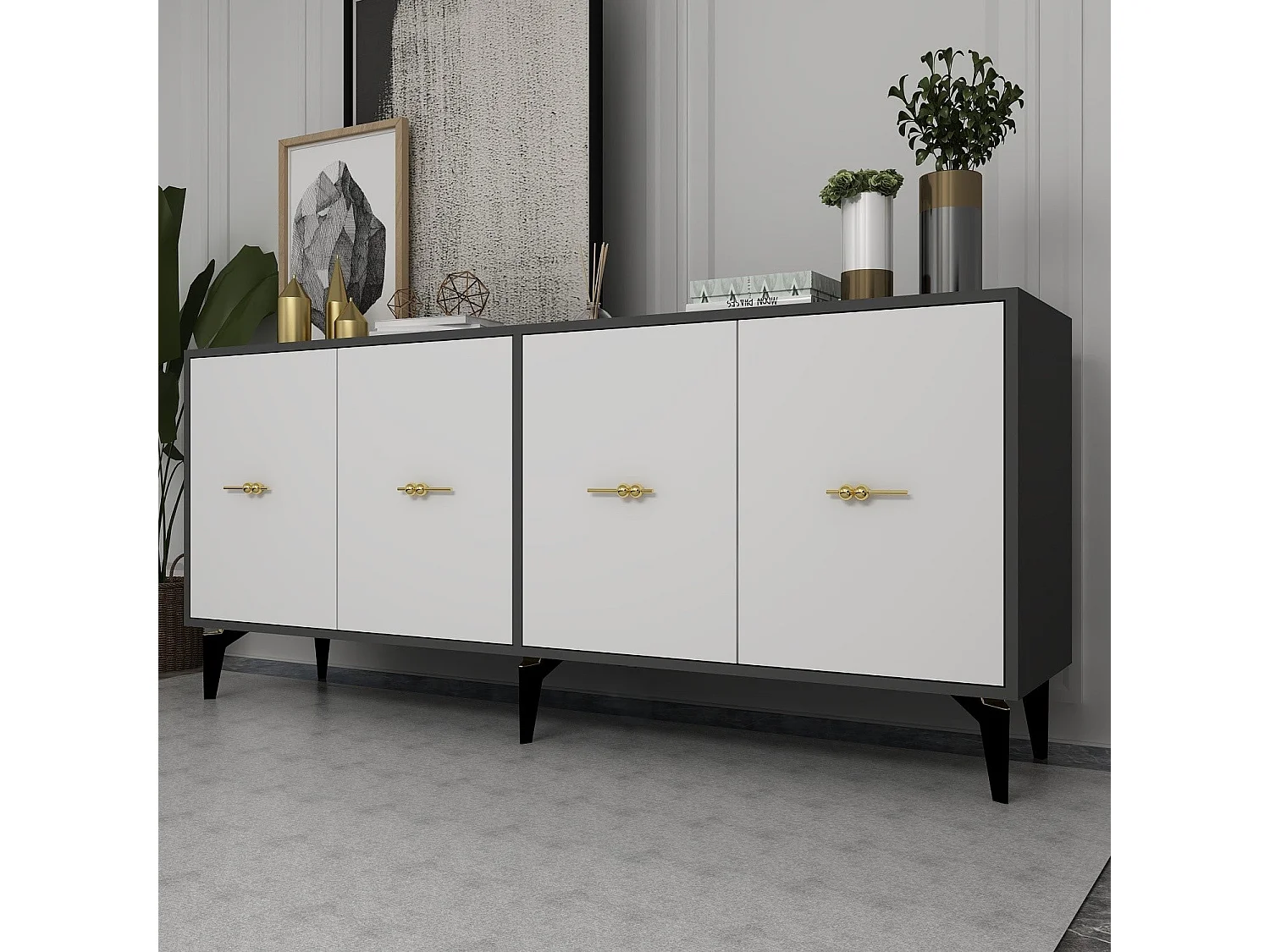Buffet en panneaux de particules mélaminés – 180 cm x 82,6 cm x 35 cm – Anthracite et blanc
