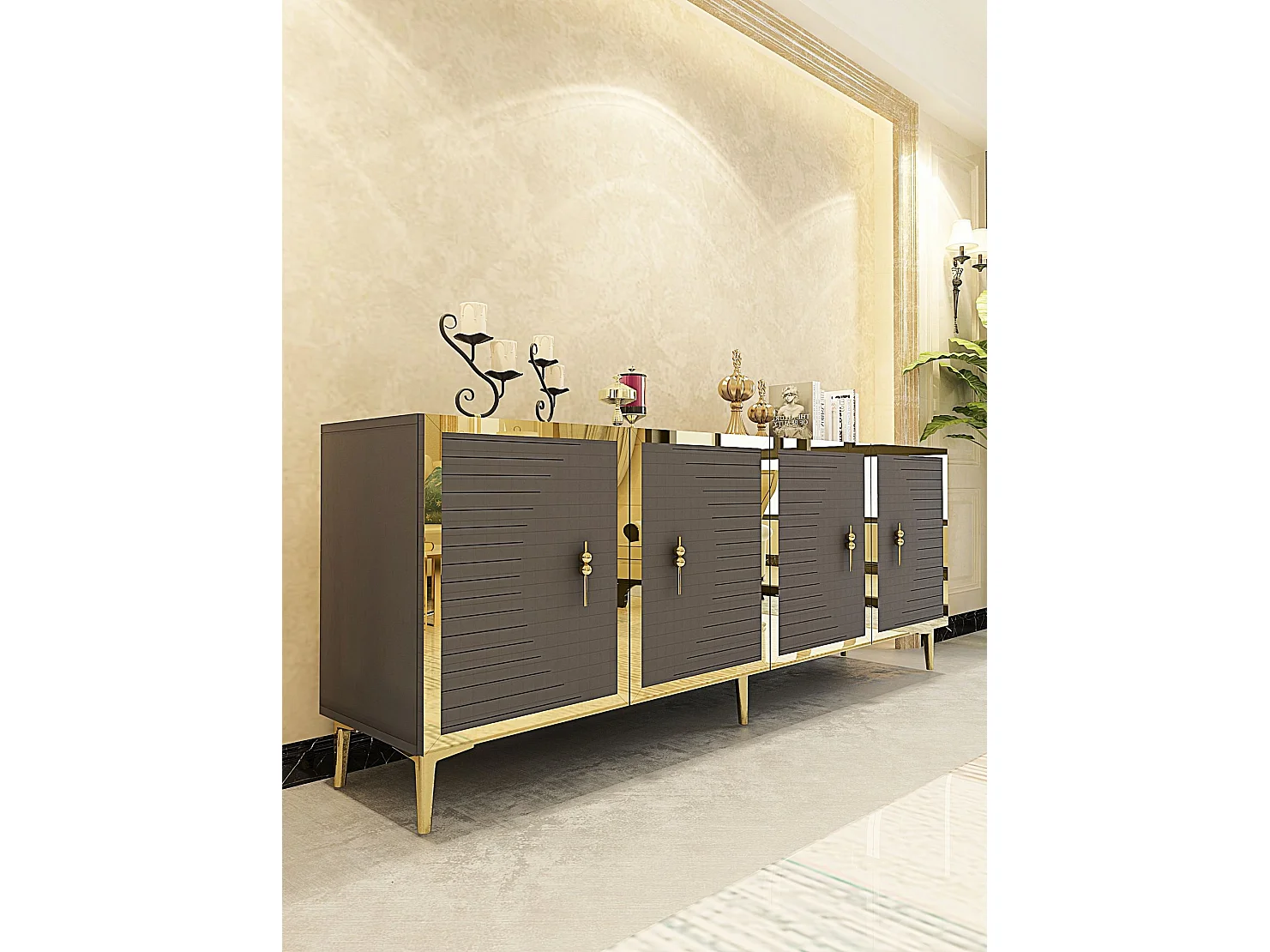 Komoda z płyty wiórowej pokrytej melaminą – 180 cm x 75 cm x 32 cm – antracyt i złoto