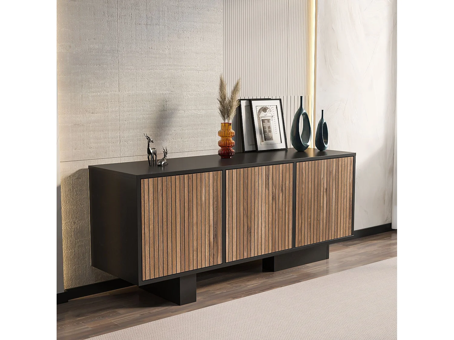 Dressoir – 150cm x 51.5cm x 45cm – Zwart en licht walnoot – MDF