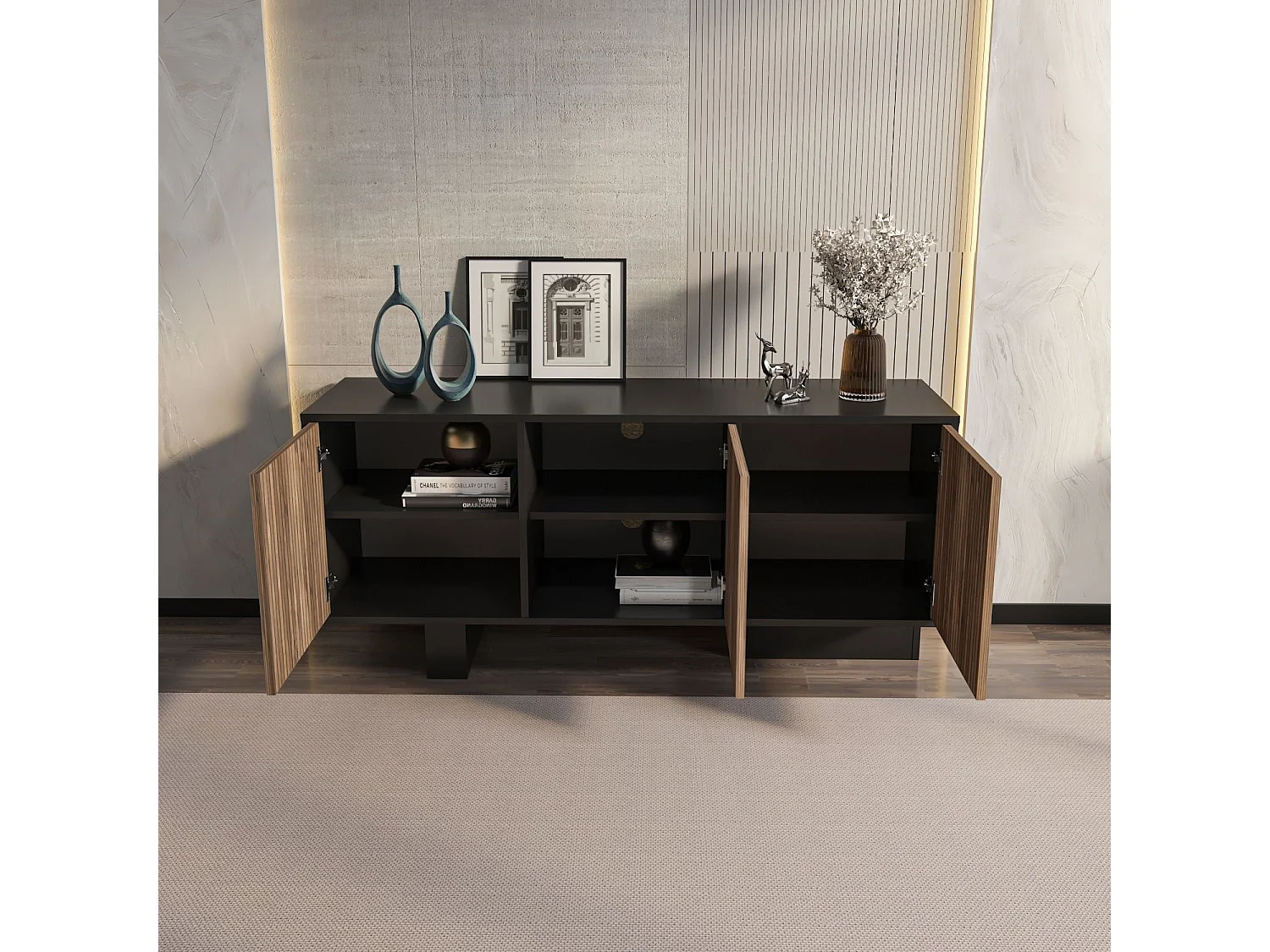 Dressoir – 150cm x 51.5cm x 45cm – Zwart en licht walnoot – MDF