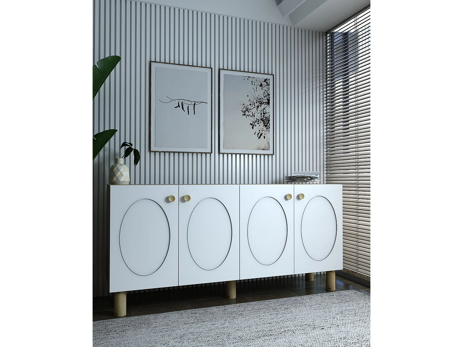 Buffet – 150 cm x 75 cm x 32 cm – Chêne saphir, blanc – MDF