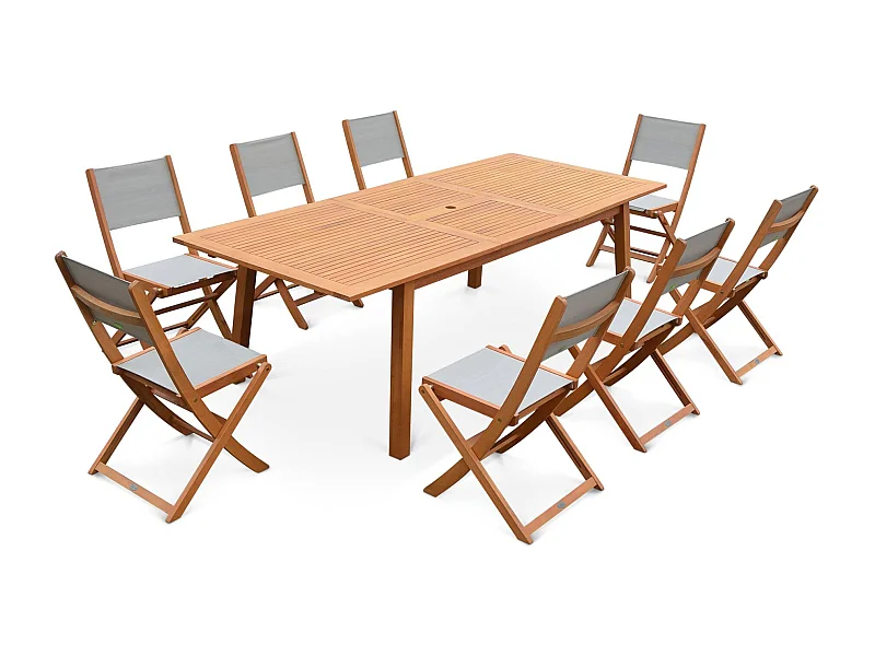 Mesa de jardín de madera extensible, 8 sillas madera