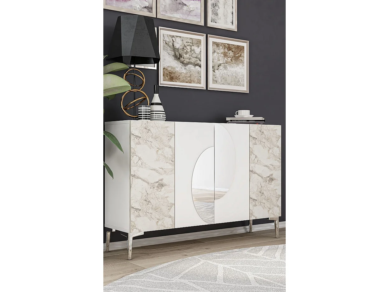 MDF Dressoir – 120 cm – Wit, Ephesus Marmer, Zilver