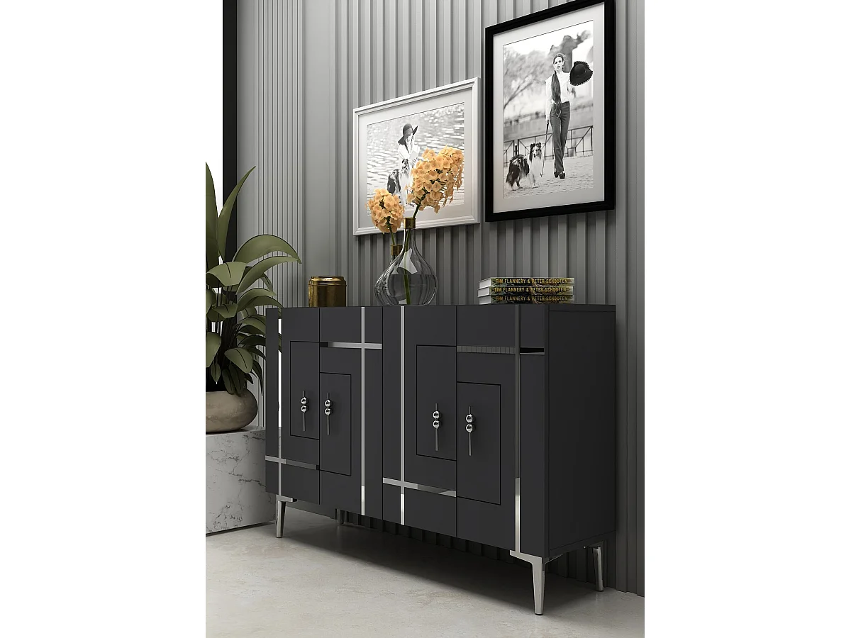 Komoda z płyty MDF pokrytej melaminą – 120 cm x 80 cm x 29,6 cm – antracyt i srebro