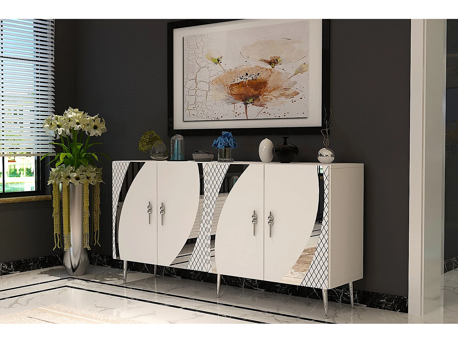 Buffet – 150 cm – Blanc et Argent – ​​Panneau de particules mélaminé