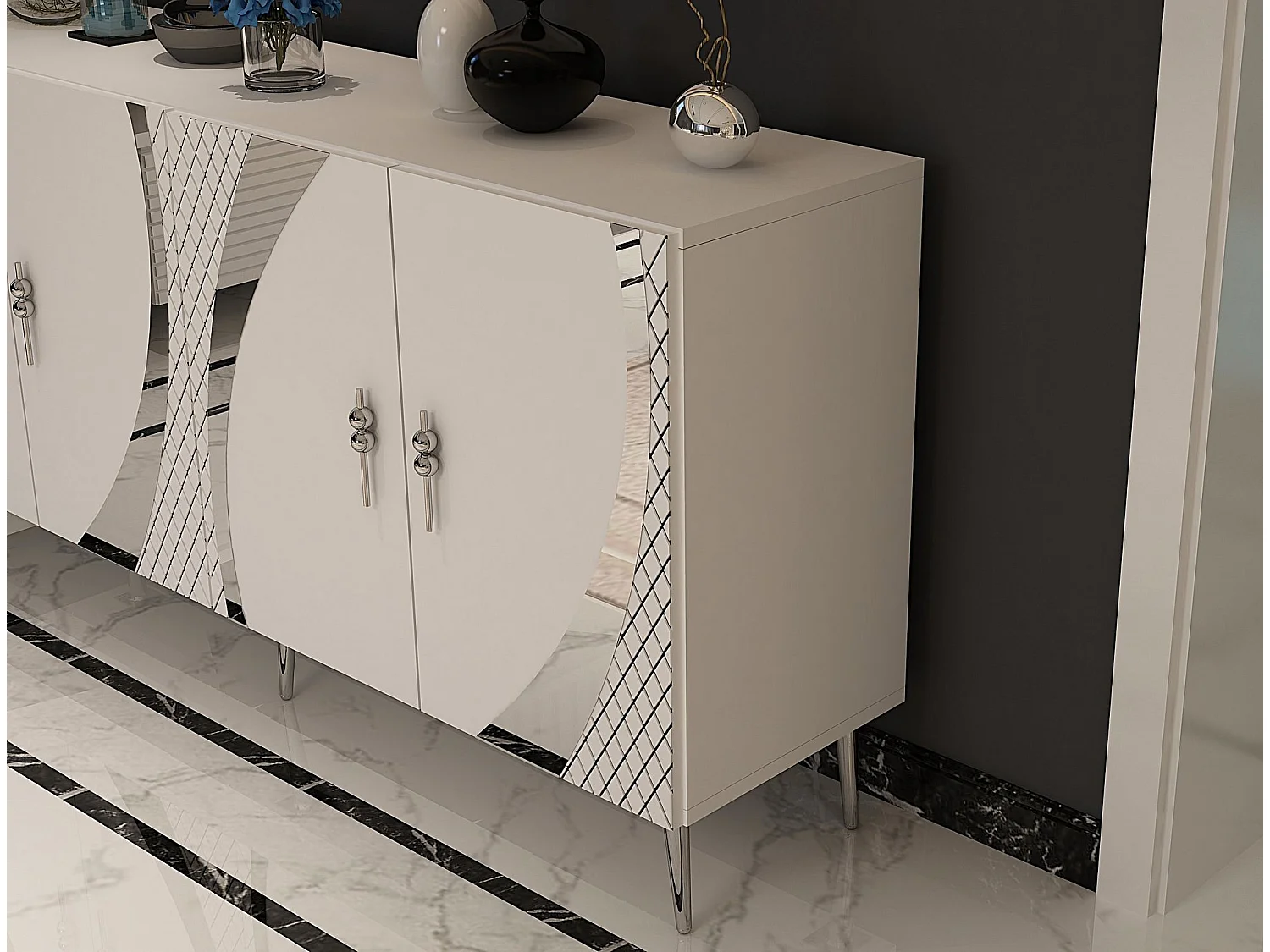 Buffet – 150 cm – Blanc et Argent – ​​Panneau de particules mélaminé