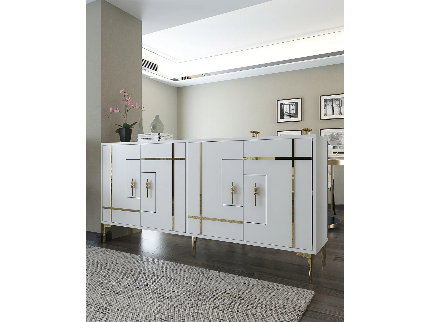Sideboard – 180 cm x 78,6 cm x 35 cm – Weiß und Gold – Melaminbeschichtetes MDF