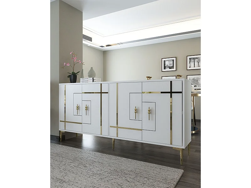 Credenza – 180 cm x 78,6 cm x 35 cm – Bianco e oro – MDF rivestito in melaminico