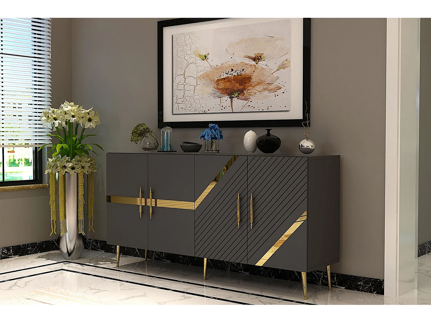 Komoda - 150 cm - Antracyt i złoto - Płyta wiórowa pokryta melaminą