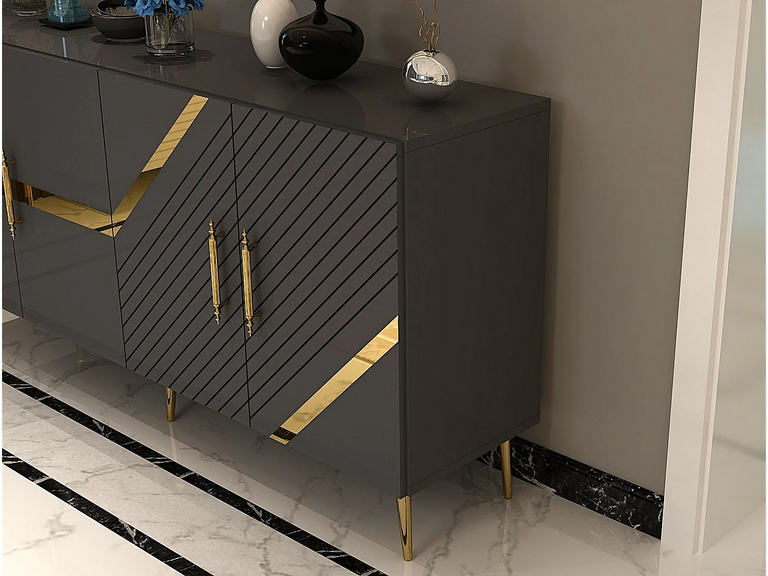 Komoda - 150 cm - Antracyt i złoto - Płyta wiórowa pokryta melaminą
