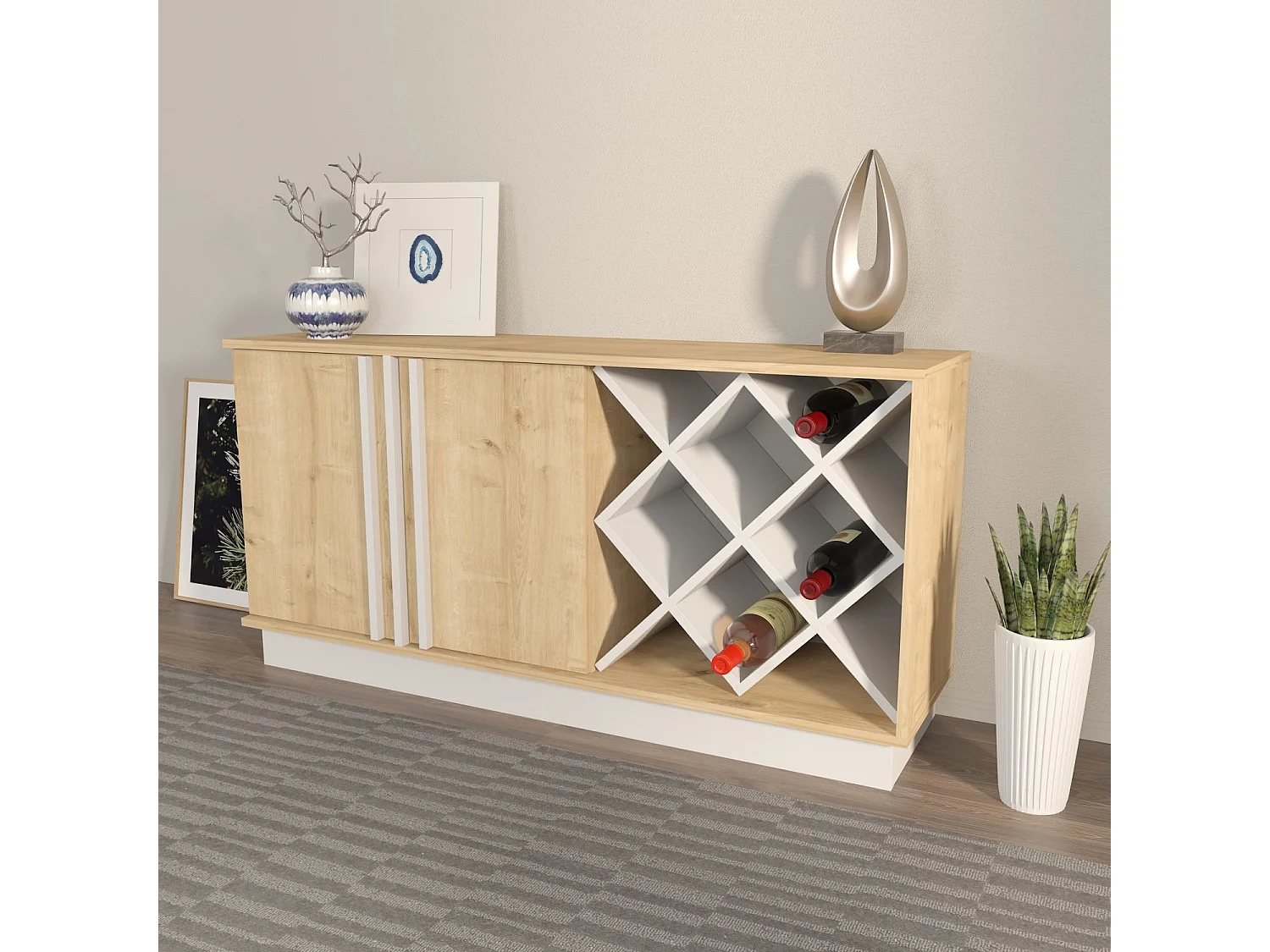Buffet en MDF mélaminé – 148 cm x 70 cm x 40 cm – Chêne Saphir et Blanc