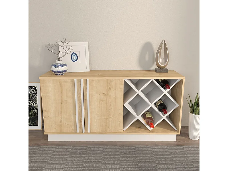 Buffet en MDF mélaminé – 148 cm x 70 cm x 40 cm – Chêne Saphir et Blanc